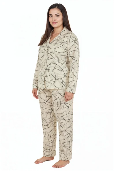 Bravie Luxury Soft Ekru Çizgi Desenli Uzun Kollu Kadın Pijama Takımı – Büyük Beden 3015 - 5