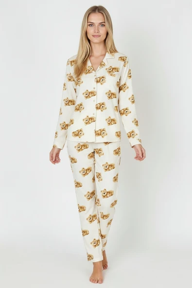 Bravie Luxury Soft Ekru Ayıcık Desenli Uzun Kollu Kadın Pijama Takımı – 3041