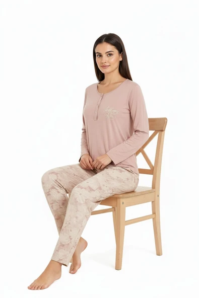 Bravie Üstü Yazılı Altı Çiçek Desenli Elite Viscose Uzun Pijama Takımı Pudra 3564 - 5