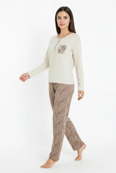 Bravie Üstü Puantiyeli Altı Çizgi Desenli Elite Viscose Uzun Pijama Takımı Krem 3569 - 2