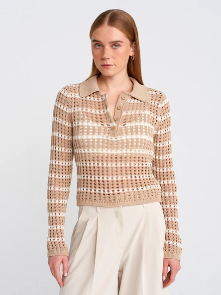 10724 DİLVİN POLO YAKA AJURLU DÜĞMELİ TRİKO KAZAK ürün görseli