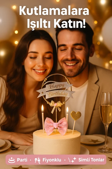 Altın Halkalı Happy Birthday Pasta Süsü – Gümüş Simli & Çiçekli Fiyonklu Doğum Günü Dekoru - Resim 2