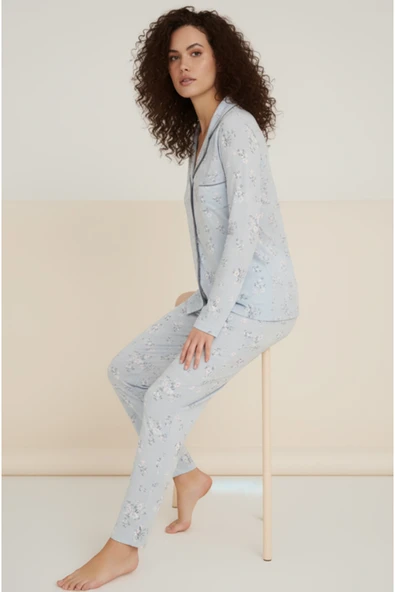 Bravie Luxury Viscose Mavi Çiçek Desenli Kadın Uzun Kollu Pijama Takımı – 42550 - 4