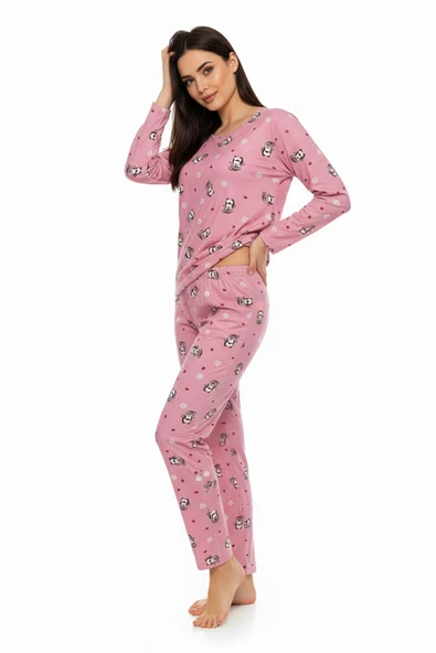 Bravie Bisiklet Yaka Süet Pijama Takımı 6008 Penguen Pembe - 4