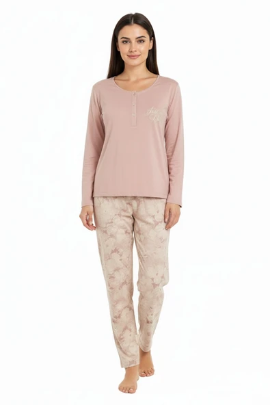 Bravie Üstü Yazılı Altı Çiçek Desenli Elite Viscose Uzun Pijama Takımı Pudra 3564