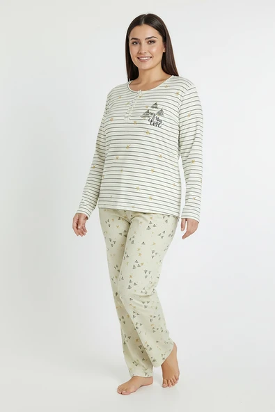 Bravie Üstü Yatay Çizgili Altı Desenli Elite Viscose Uzun Büyük Beden Pijama Takımı Beyaz 3590