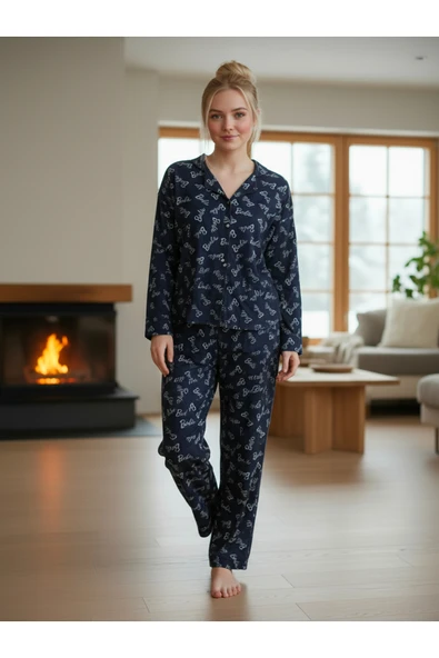 Bravie Süet Gömlek Pijama Takımı 7005 Barbie Lacivert - 4