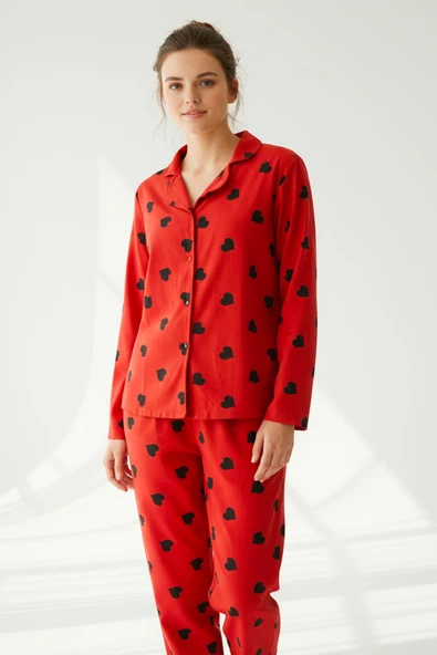 Bravie Süet Gömlek Pijama Takımı 7107 Kalpli Kırmızı - 2