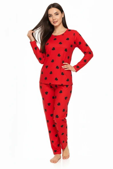 Bravie Bisiklet Yaka Süet Kırmızı Pijama Takımı 6010 Siyah Kalpli - 4