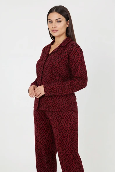 Bravie Luxury Soft Bordo Leopar Desenli Uzun Kollu Kadın Pijama Takımı – Büyük Beden 3002 - 5