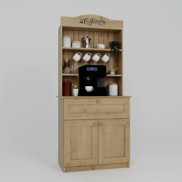 Lucas 2 Kapaklı Çekmeceli Kahve Köşesi ve Çok Amaçlı Mutfak Dolabı - Safir Meşe - Resim 5