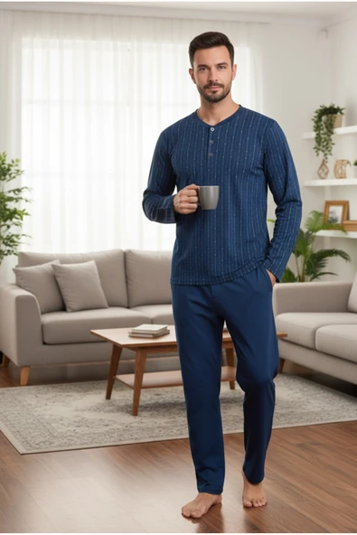 Bravie Yakası Düğmeli %100 Pamuk Erkek Penye Pijama Takımı 9711 Lacivert - 2