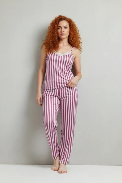Bravie Altı Uzun İp Askılı Yumuşak Pembe Çizgili Pijama Takımı