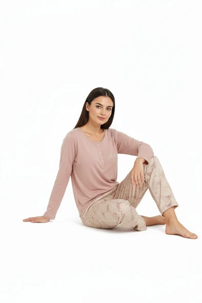 Bravie Üstü Yazılı Altı Çiçek Desenli Elite Viscose Uzun Pijama Takımı Pudra 3564 - 6