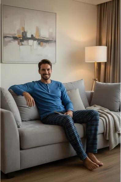 Bravie Luxury Thermal Erkek Pijama Takımı 9744 Mavi - 5