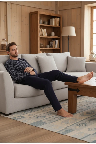 Bravie Yakası Düğmeli %100 Pamuk Erkek Penye Pijama Takımı 9709 Koyu Desenli - 5