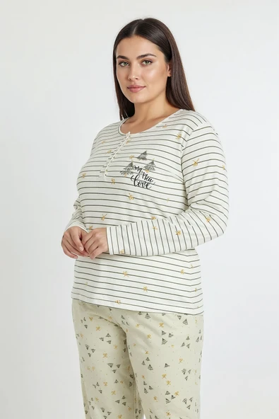 Bravie Üstü Yatay Çizgili Altı Desenli Elite Viscose Uzun Büyük Beden Pijama Takımı Beyaz 3590 - 4