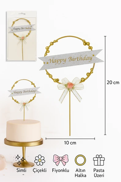 Altın Halkalı Happy Birthday Pasta Süsü – Gümüş Simli & Çiçekli Fiyonklu Doğum Günü Dekoru - Resim 4
