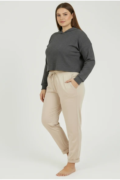 Bravie Duble Paça Büyük Beden Eşofman Altı Bej 2020 - 2