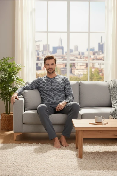 Bravie Yakası Düğmeli %100 Pamuk Erkek Penye Pijama Takımı 9702 Füme - 4