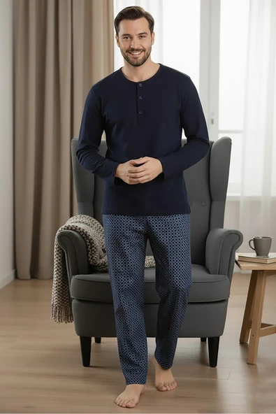 Bravie Yakası Düğmeli %100 Pamuk Erkek Penye Pijama Takımı 9705 Koyu Lacivert - 4