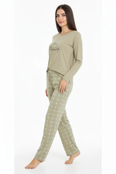 Bravie Üstü Yazılı Altı Kare Desenli Elite Viscose Uzun Pijama Takımı Yeşil 3554