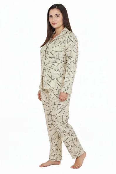Bravie Luxury Soft Ekru Çizgi Desenli Uzun Kollu Kadın Pijama Takımı – Büyük Beden 3015 - 3