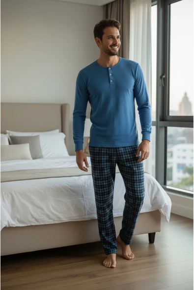 Bravie Luxury Thermal Erkek Pijama Takımı 9744 Mavi