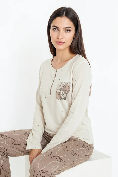Bravie Üstü Puantiyeli Altı Çizgi Desenli Elite Viscose Uzun Pijama Takımı Krem 3569 - 3