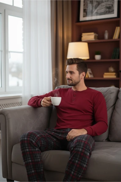 Bravie Luxury Thermal Erkek Pijama Takımı 9741 Kırmızı - 4