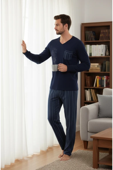 Bravie Luxury Thermal Erkek Pijama Takımı 9746 Lacivert - 5