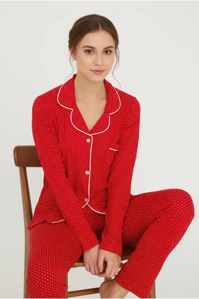 Bravie Luxury Viscose Kırmızı Puantiye Desenli Kadın Uzun Kollu Pijama Takımı – 42563