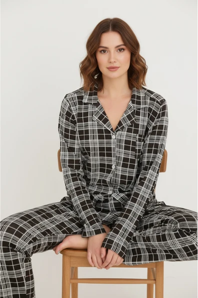 Bravie Luxury Viscose Siyah Beyaz Ekose Desenli Kadın Uzun Kollu Pijama Takımı – 42575