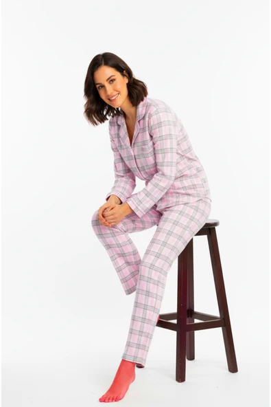 Bravie Luxury Viscose Pembe Ekose Desenli Kadın Uzun Kollu Büyük Beden Pijama Takımı – 42531 - 4