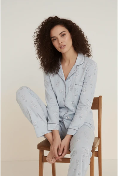 Bravie Luxury Viscose Mavi Çiçek Desenli Kadın Uzun Kollu Pijama Takımı – 42550 - 5