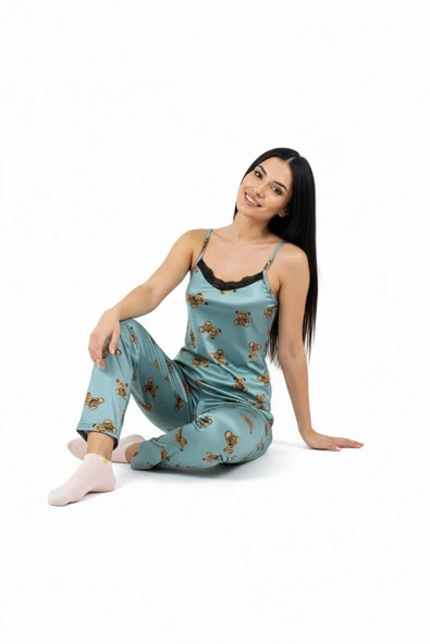 Bravie Altı Uzun Üstü Askılı Yumuşak Ayıcık Desenli Pijama Takımı - 2