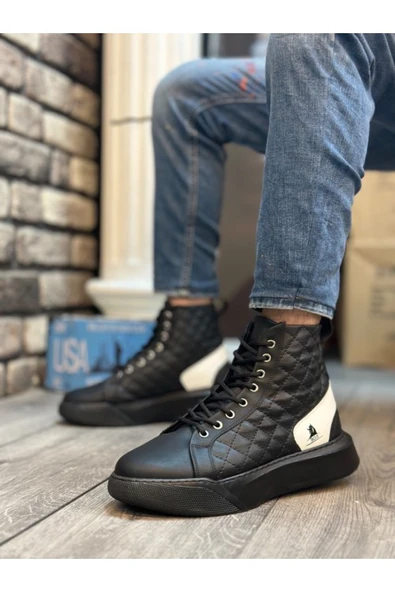 Erkek Yüksek Rahat Taban Spor Bot, Kapitone Desenli Siyah Beyaz, Günlük Rahat Bağcıklı Bot Tarz0159 - Resim 2