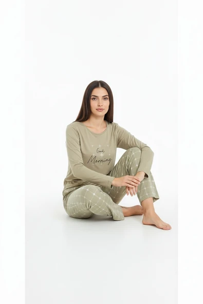 Bravie Üstü Yazılı Altı Kare Desenli Elite Viscose Uzun Pijama Takımı Yeşil 3554 - 4