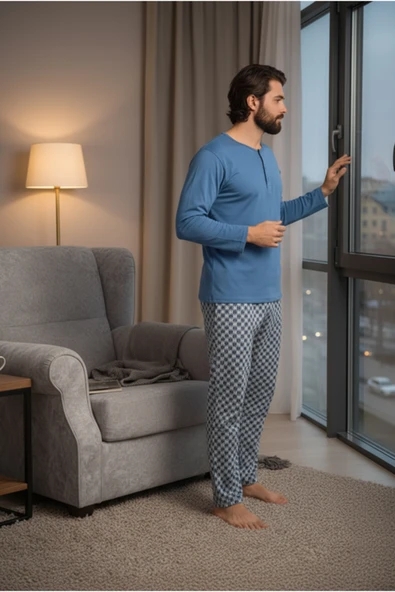 Bravie Yakası Düğmeli %100 Pamuk Erkek Penye Pijama Takımı 9703 Mavi - 2