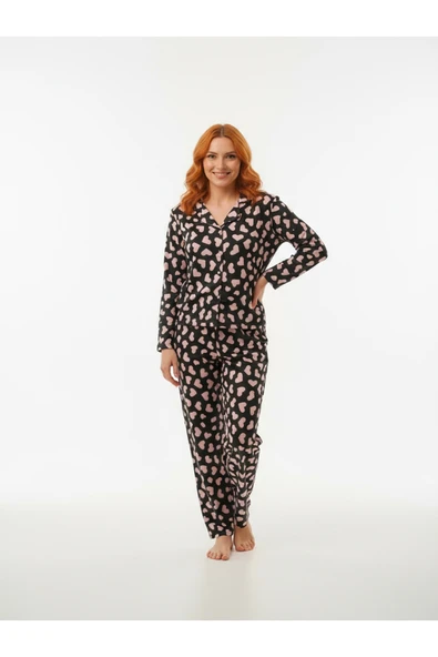 Bravie Süet Gömlek Pijama Takımı 7103 Kalpli Siyah - 4