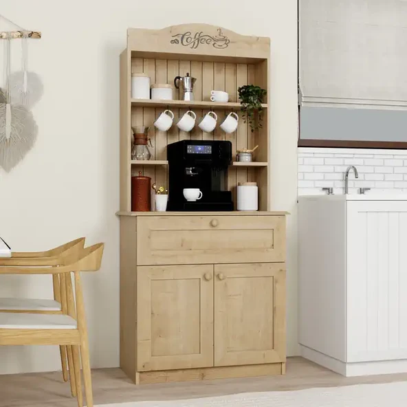 Lucas 2 Kapaklı Çekmeceli Kahve Köşesi ve Çok Amaçlı Mutfak Dolabı - Safir Meşe - Resim 2