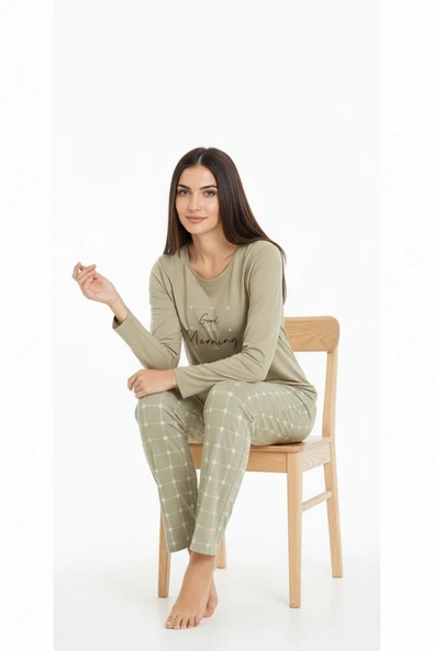 Bravie Üstü Yazılı Altı Kare Desenli Elite Viscose Uzun Pijama Takımı Yeşil 3554 - 5