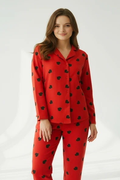 Bravie Süet Gömlek Pijama Takımı 7107 Kalpli Kırmızı - 6