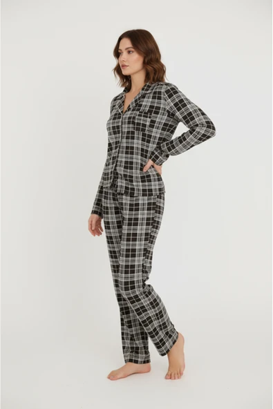 Bravie Luxury Viscose Siyah Beyaz Ekose Desenli Kadın Uzun Kollu Pijama Takımı – 42575 - 2