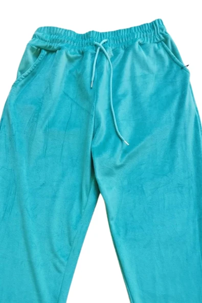 Parlak Kadife Cepli Pantolon Eşofman Pijama Altı Unisex Lastikli Paça Yeşil - Resim 2