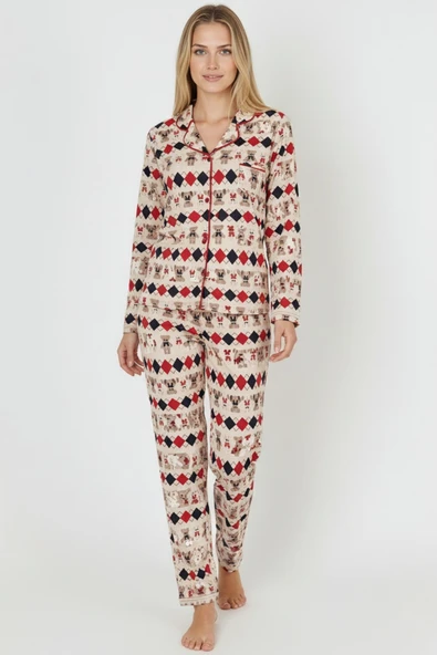 Bravie Luxury Soft Ekru Desenli Uzun Kollu Kadın Pijama Takımı – 3028 - 3