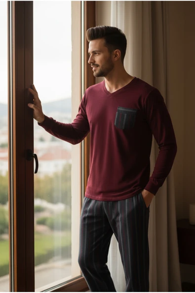 Bravie Luxury Thermal Erkek Pijama Takımı 9732 Bordo - 2