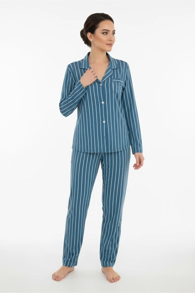Bravie Luxury Viscose Petrol Mavi Çizgili Kadın Uzun Kollu Pijama Takımı – 42552 - 3
