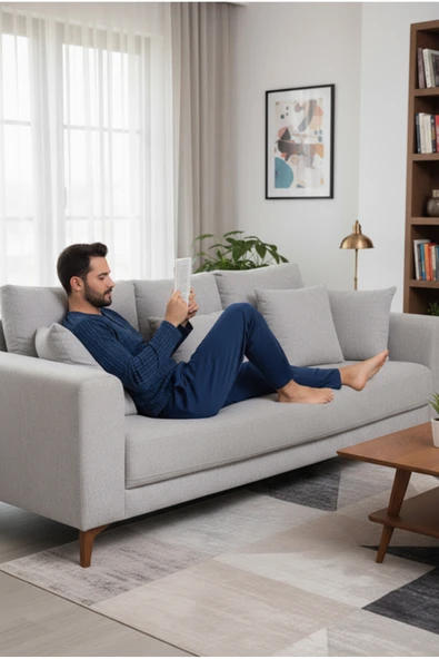 Bravie Yakası Düğmeli %100 Pamuk Erkek Penye Pijama Takımı 9711 Lacivert - 5