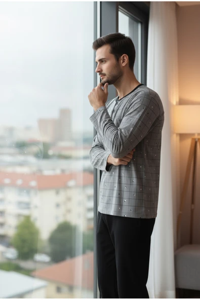 Bravie Yakası Düğmeli %100 Pamuk Erkek Penye Pijama Takımı 9718 Gri